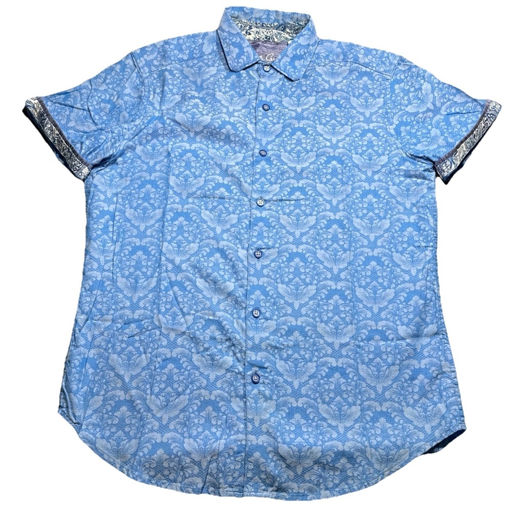 Robert Graham Shirt Mens Small Blue Classic Fit Short Sleeve Flip Cuff Button Up
